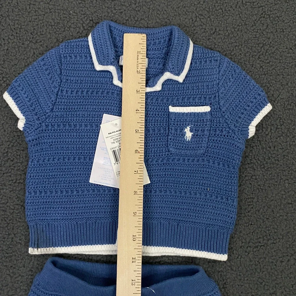 Ralph Lauren Crochet Camp Shirt Set Baby 9 Months Blue 2 Piece Knit Preppy